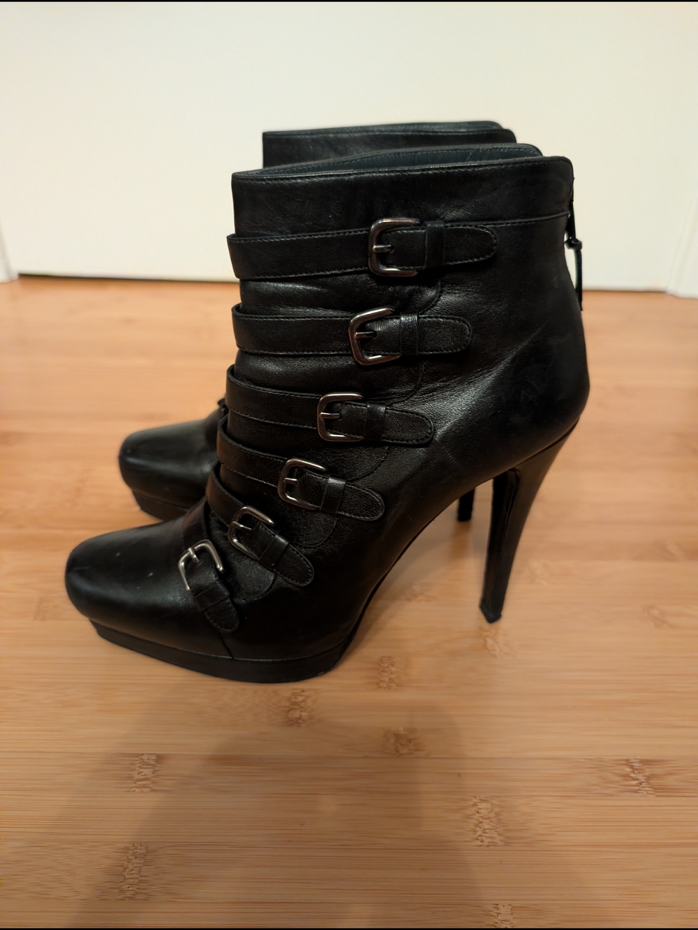 Stuart Weitzman Black Buckled Leather High-Heel Ankle Bootie - Picture 7 of 10